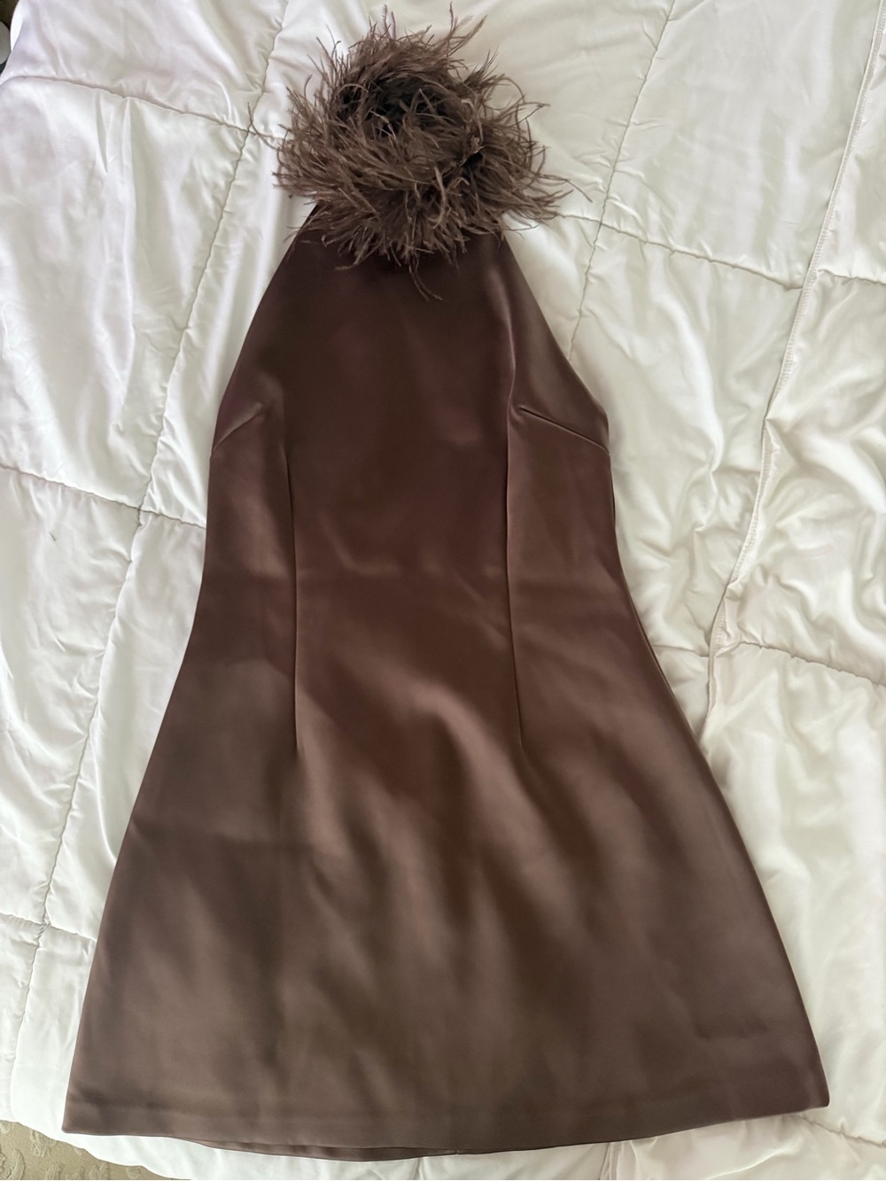 Zara Brown Feather-Trim Mini Dress